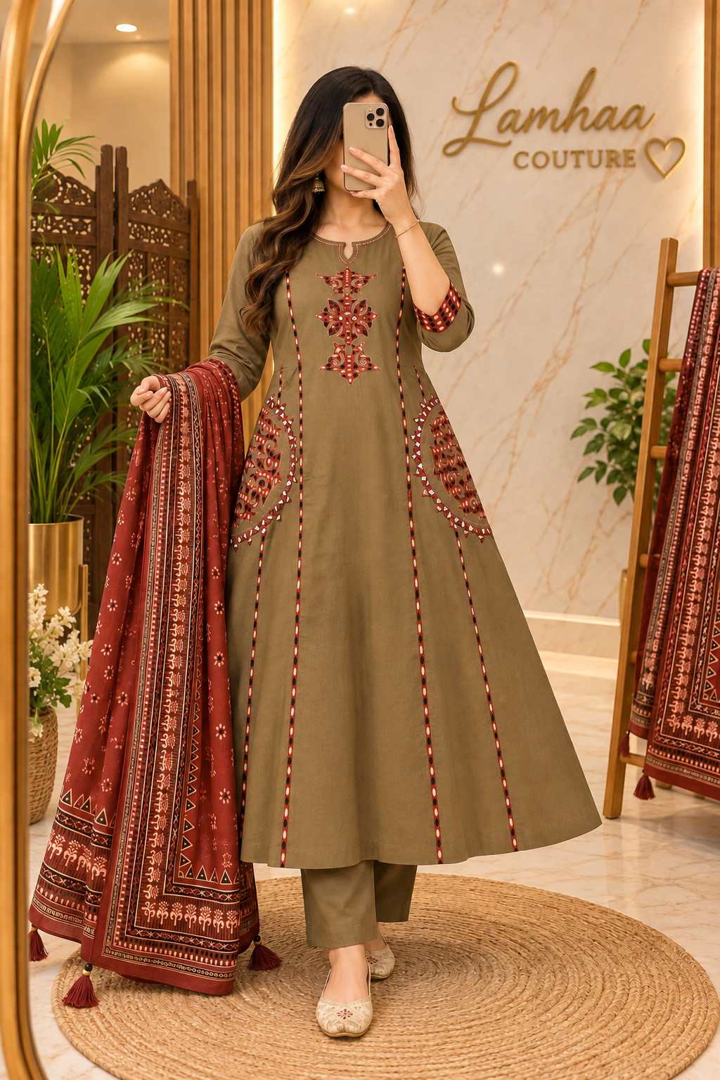 ✨ Raas Raani – Olive Brown Appliqué Suit