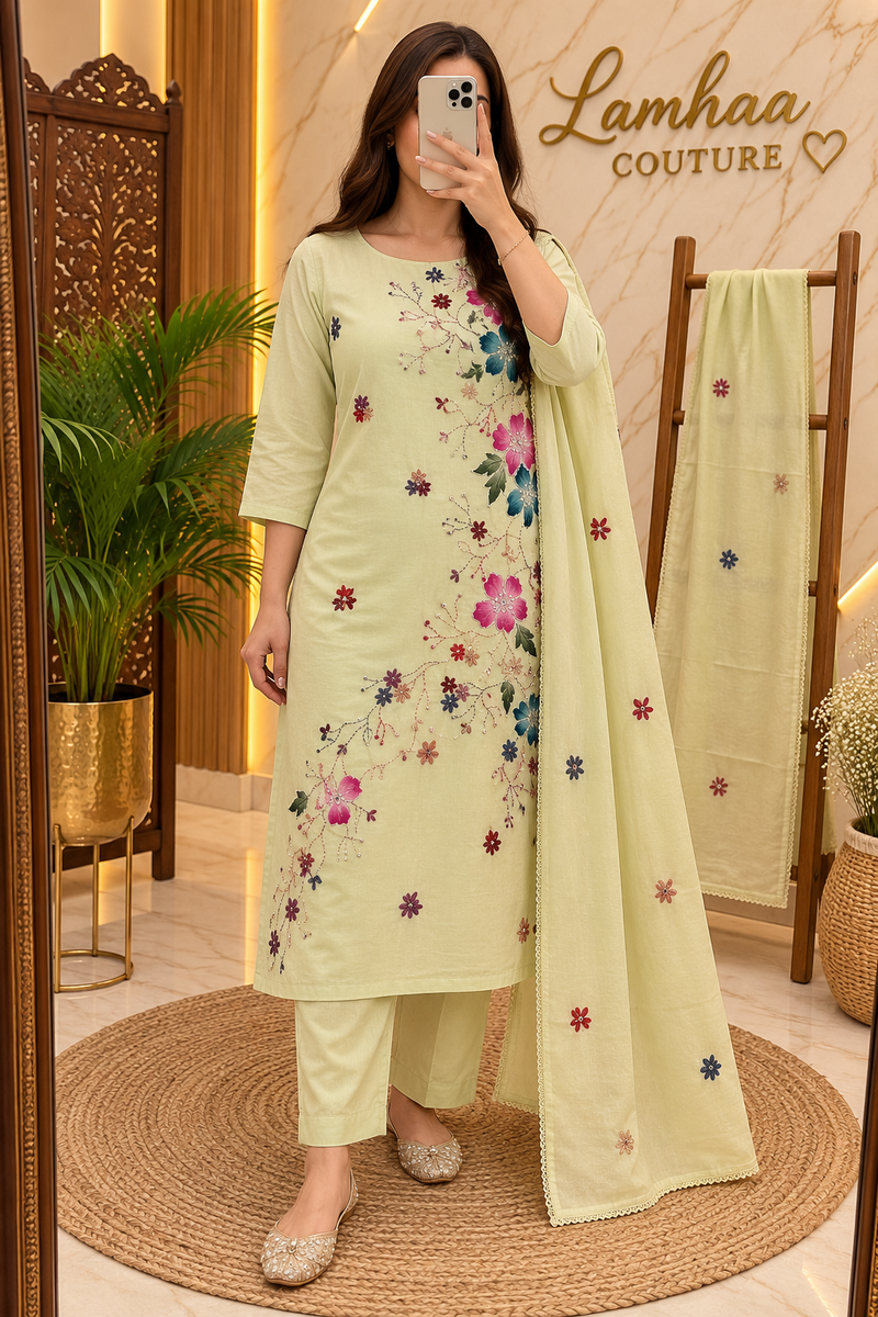 ✨ Sawan Madhuri – Pastel Green Hand-Embroidered Cotton Suit