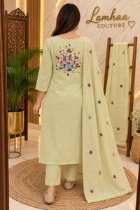 ✨ Sawan Madhuri – Pastel Green Hand-Embroidered Cotton Suit