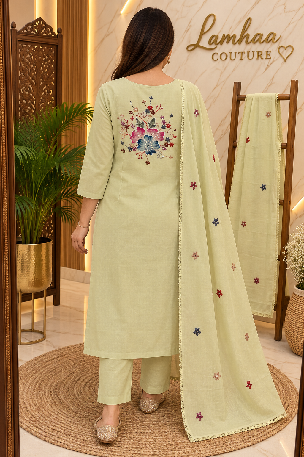 ✨ Sawan Madhuri – Pastel Green Hand-Embroidered Cotton Suit