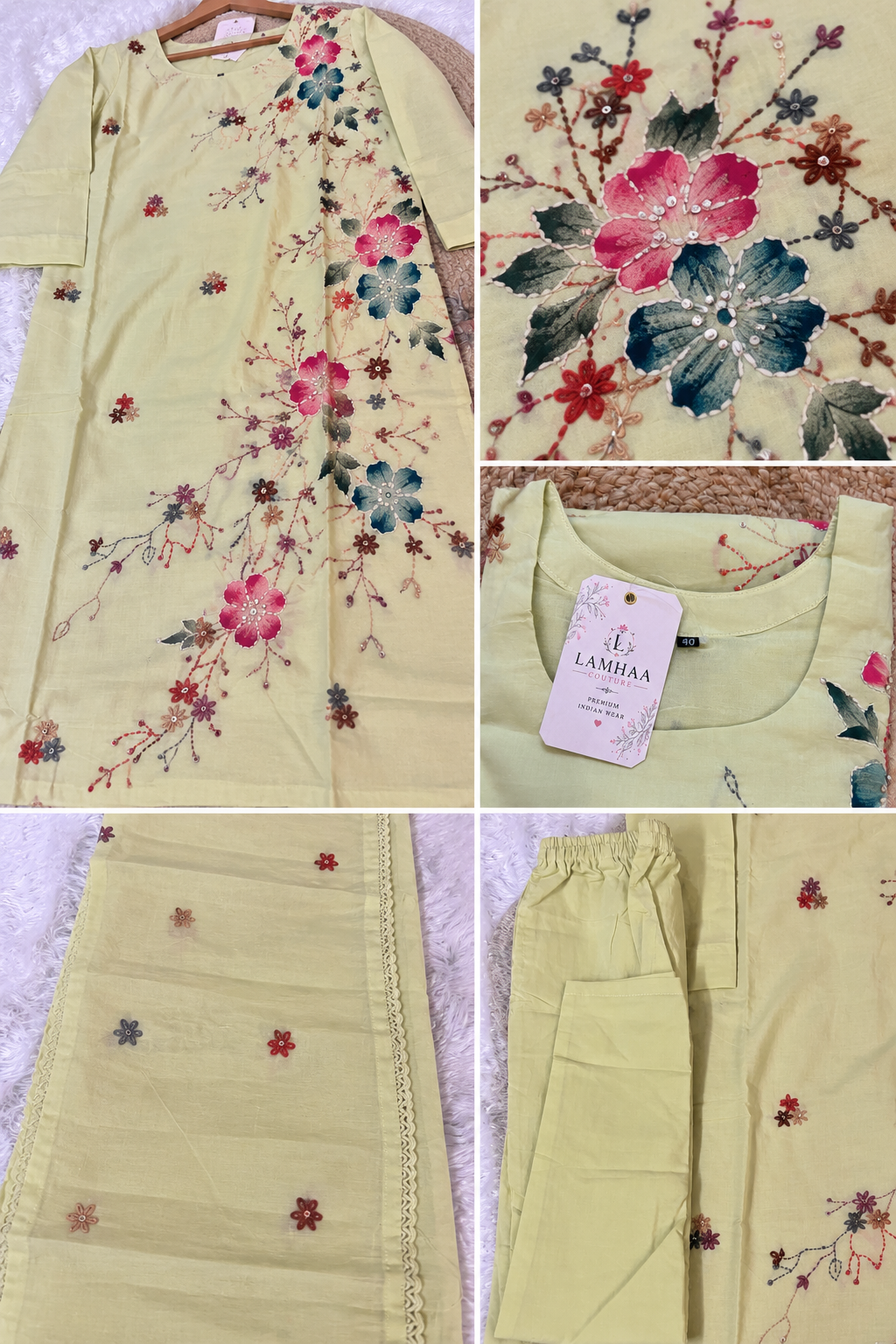 ✨ Sawan Madhuri – Pastel Green Hand-Embroidered Cotton Suit