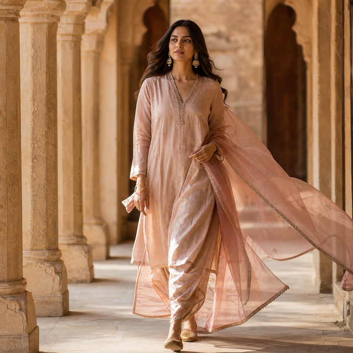 Woman walking through a sunlit corridor, dupatta lifting in the breeze