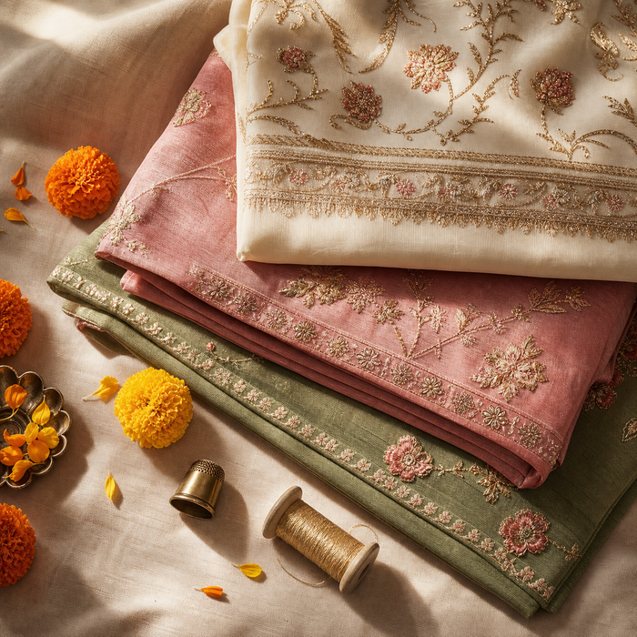Flat lay of folded embroidered fabrics with marigolds and gold thread