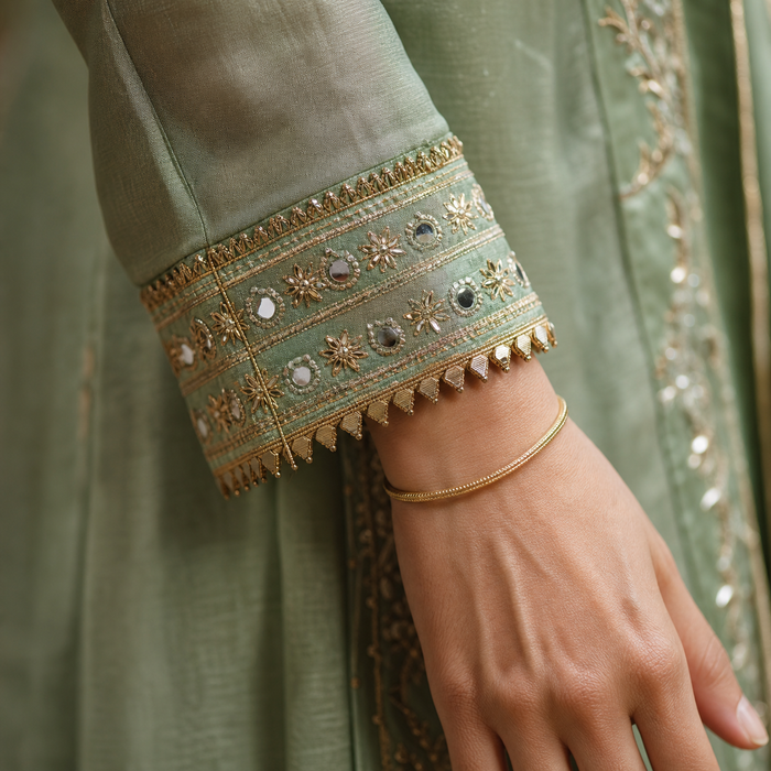 Macro detail of gota-patti trim and mirror work on a sage silk sleeve