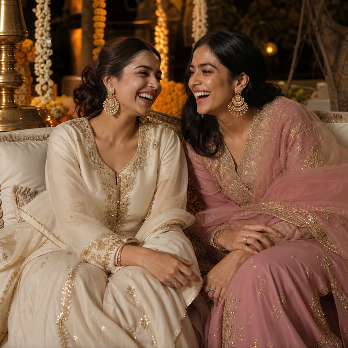 Two women laughing together at a warm festive gathering