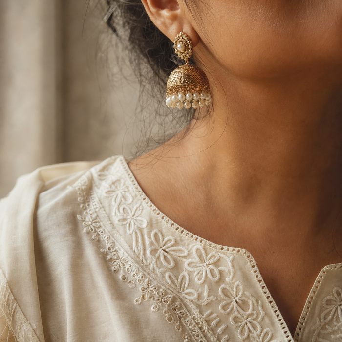 Detail of a gold pearl jhumka earring and embroidered ivory neckline